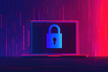 Cybersecurity Concept with Blue Lock Icon on Laptop Screen and Digital Background Highlighting Data Protection