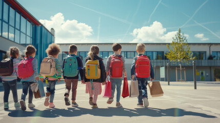 A group of young children, wearing colorful backpacks, walks enthusiastically towards a modern...