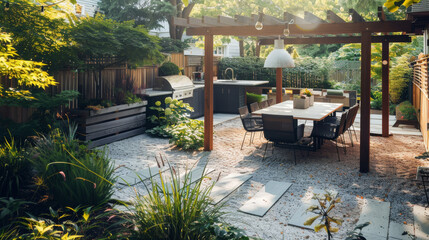 A serene backyard patio with a pergola, dining table, modern grill, and lush greenery, creating an ideal outdoor space for gatherings and relaxation.