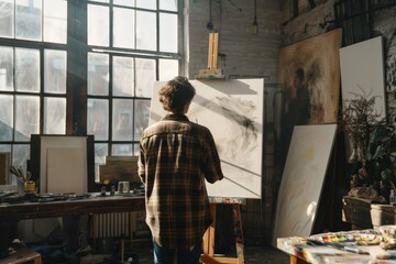 Artist painting in a studio with sunlight streaming through the window.