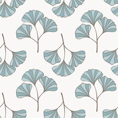 Pattern with Ginkgo biloba leaves blue color. On white background.