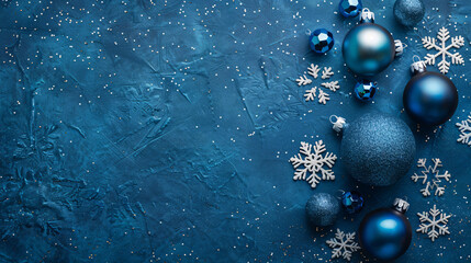 Christmas Blue Theme Background with Snowflakes and Ornaments