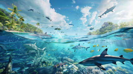 Fototapeta premium An aquatic paradise featuring various sharks swimming near the surface with a tropical backdrop.