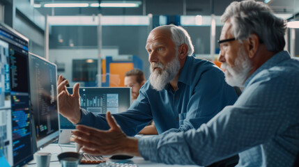 Obraz premium Two elderly professionals intensely discuss computer screen data in a modern office, their expressions embodying collaboration and focus.