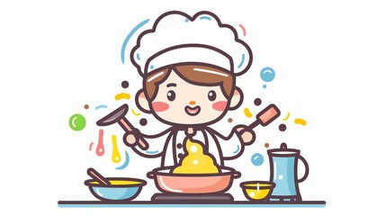 Create a clipart of a Chef stirring a bubbling pot on a stovein a kawaii style, simplified to feature fewer elements for a cleaner look, Use a color palette that is appealing to children, with