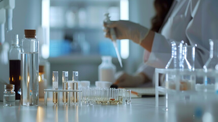 In a dimly lit laboratory, scientists are engaged in meticulous experiments, surrounded by an array of glassware, emphasizing precision in scientific discovery.