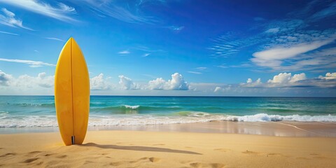 Yellow surfboard standing on background, summer vacation vibes, water sports