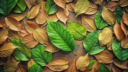 Fototapeta premium Abstract green fresh leaves contrasting with brown dry leaf lines, capturing nature's diversity, nature, green, leaves, fresh