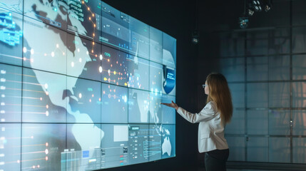 A tech professional analyzes a global data interface on a massive screen, immersed in innovation and global connections.
