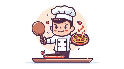 Create a clipart of a Chef holding a platter with a gourmet dishin a kawaii style, simplified to feature fewer elements for a cleaner look, Use a color palette that is appealing to children, wi