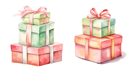 Stack of gifts, watercolor clipart illustration with isolated background.