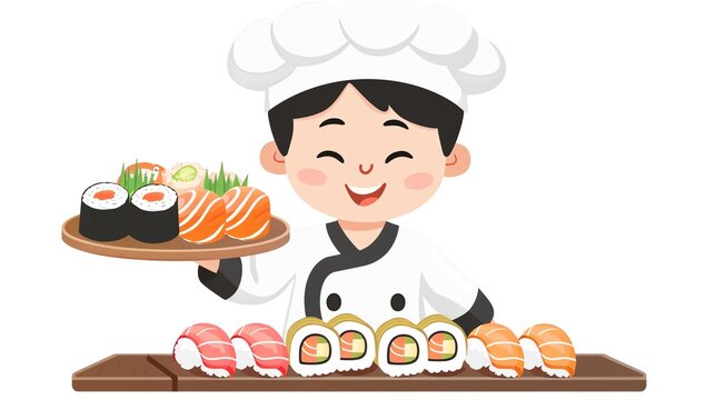 smiling chef holding sushi platter clip art preview