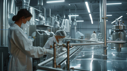 Fototapeta premium Workers in white lab coats and masks operate machinery in a sterile, high-tech laboratory filled with stainless steel equipment.