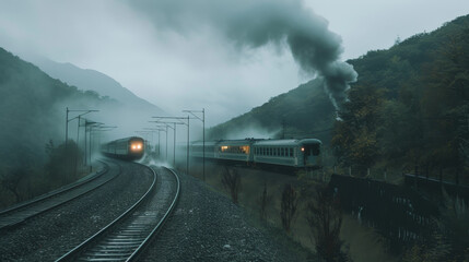 Obraz premium Steam from trains wafts through a foggy landscape, setting a poetic and nostalgic scene of contrasting arrivals and departures.