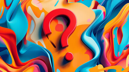 A prominent red question mark emerges among swirling abstract waves of color, capturing the essence of curiosity and the energy of creative inquiry.