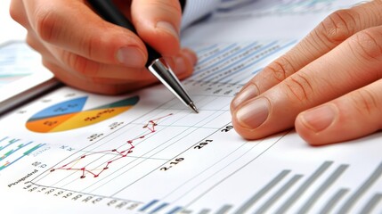 Business professional analyzing financial data, charts, and graphs on paper with pen in hand. Ideal for finance, accounting, and investment themes.