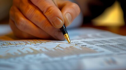 Naklejka premium Close-up of a hand holding a pen, analyzing a financial report with charts and data, symbolizing finance, investment, and analysis concepts.