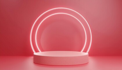 Empty Red background and stand display or shelf with studio for showing or design christmas concept. Blank backdrop made from cement material. Realistic 3D render.