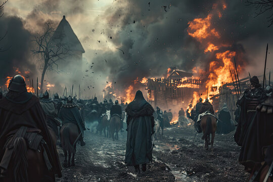 a band of european mercenaries plundering burning village circa 1300s