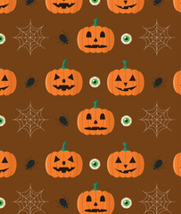 Seamless pattern with pumpkins, spiders, webs and eyes. Halloween background. Vector.