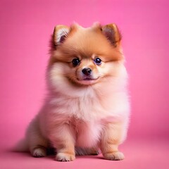 Pomeranian puppy on pink background