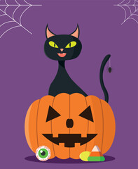 Black cat sitting in a pumpkin. Halloween concept. Vector illustration.