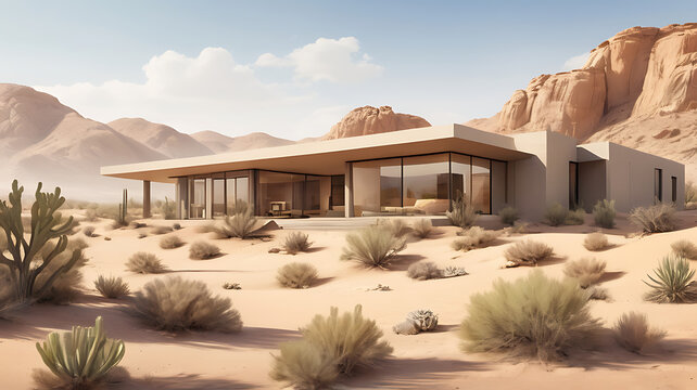 A modern desert house blending into the arid landscape, symbolizing adaptation and modern desert living.