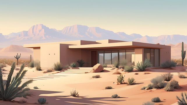 A modern desert house blending into the arid landscape, symbolizing adaptation and modern desert living.