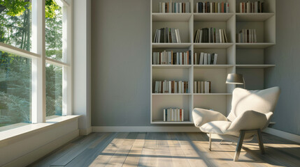 Fototapeta premium Sun-drenched reading nook with a plush armchair and a wall of bookshelves, inviting reflection and relaxation amidst a warm, homely ambiance.