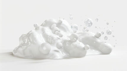 A dynamic splash of white liquid and transparent bubbles in mid-air, set against a pristine white background.