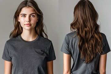 Female model in charcoal top featured in montage of close-up shots against a white backdrop, showcasing both front and back angles.