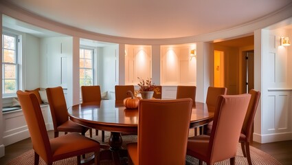 Fototapeta premium Comfortable dining area in the house, white walls. Round nine-seat table with 4 chairs. Warm cozy autumn atmosphere. Autumn decor