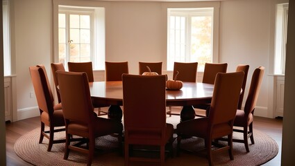 Fototapeta premium Comfortable dining area in the house, white walls. Round nine-seat table with 4 chairs. Warm cozy autumn atmosphere. Autumn decor