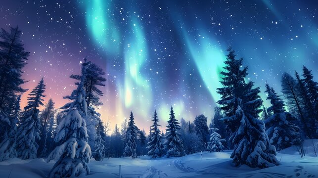Magical Northern Lights Display Over Snowy Forest