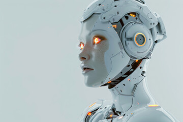 attractive female robot with white skin and glowing orange eyes