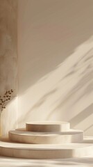 Fototapeta premium Elegant 3D Beige Podium Display: Minimalist Product Showcase Stage with Soft Shadows. Luxurious Brown Studio Scene featuring Geometric Platform for Cosmetics Presentation. Abstract 4K Wallpaper Backgr