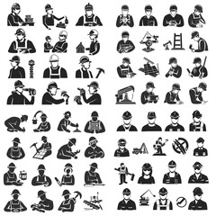 
A collection of black and white icons of workers in various professions

