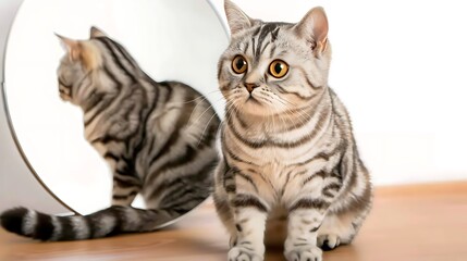Curious American Shorthair Cat Looking At Its Reflection In Mirror