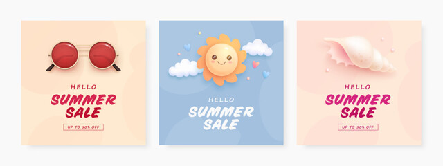 Set of discount square flyer, card or web banner with cartoon 3d sun, sunglasses, seashell. Hello summer sale realistic background with tropical beach elements. Vector illustration