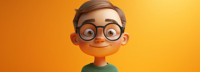 3D illustration of an animated character, a smiling shaved head woman with glasses, working on her laptop, wearing a green t-shirt, against a plain yellow background