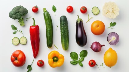 artfully arranged fresh vegetables on a crisp white background vibrant colors pop as a variety of produce creates a visually appealing composition emphasizing health and natural beauty