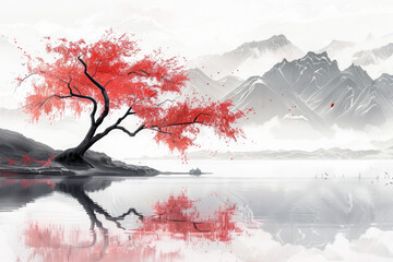 a red tree with a mountain in the background Chinese style ink painting