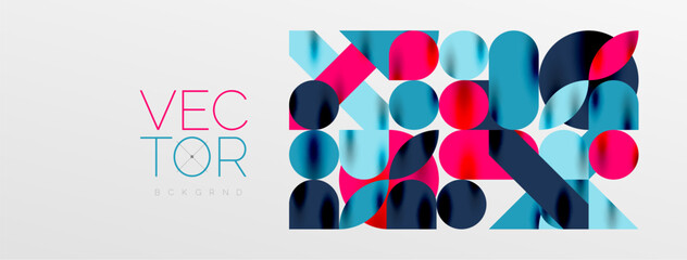 Mosaic geometric elements. Colorful circles, round geometric shapes and lines with shadow 3d effects. Simple forms abstract background for wallpaper, banner, template or landing