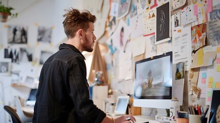 Creative Man Working on a Computer in a Home