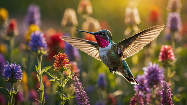 A vibrant and colorful hummingbird soaring through a field of wildflowers, its iridescent feathers catching the sunlight as it flits from flower to flower.