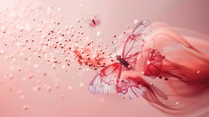   A close-up of a butterfly flying in the air surrounded by bubbles on a pink background with a red and white butterfly