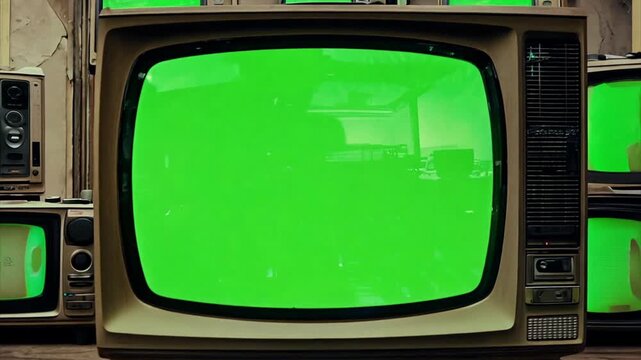 Pushing towards a stack of vintage television sets all broadcasting a chroma key green screen.