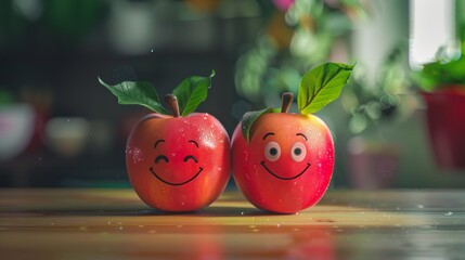 Two couple apples with smiley faces on a desk