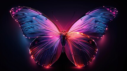   A close-up of a butterfly with bright lights on its wings and wings, on a black background