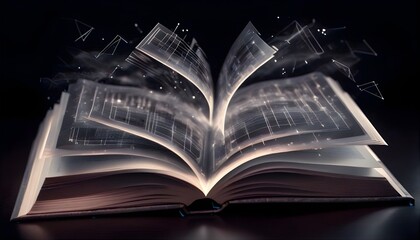Futuristic technology low polygonal glowing open book isolated on dark background.